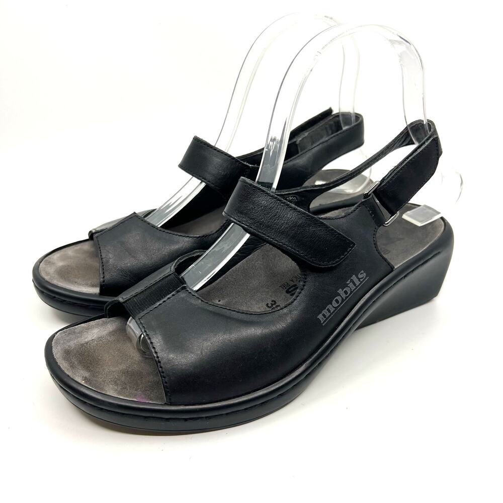 Mephisto Mobils Black Leather Wedge Sandals Women's 7 US